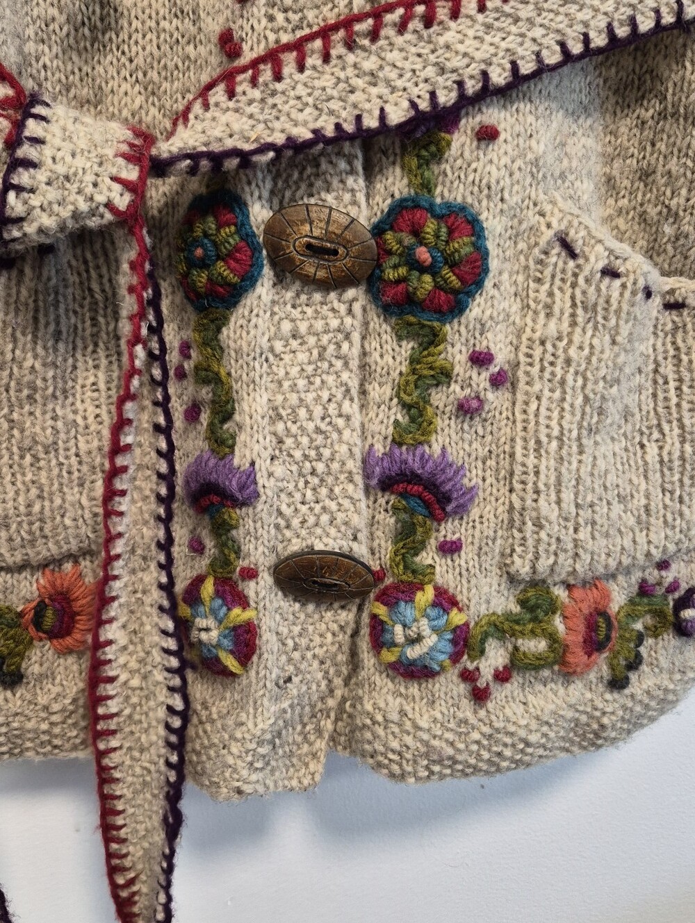 Vtg Newari Nepal Hand Knit Wool Cardigan Sweater Y2K Hooded Belted Floral Sz S/M - Picture 5 of 14